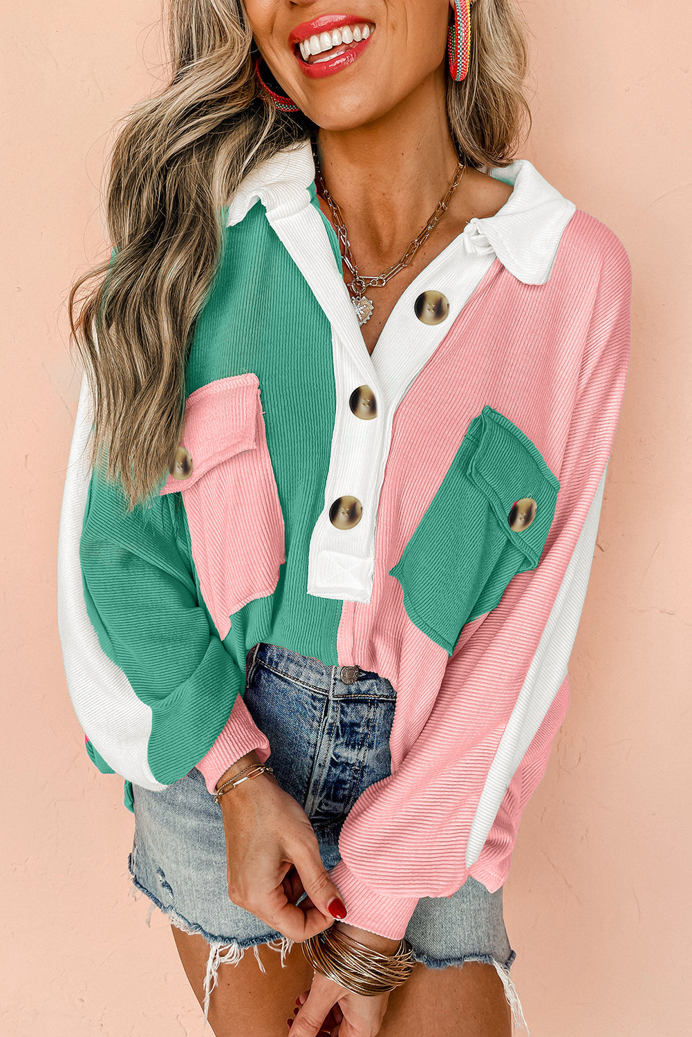 Colorblock Ribbed Collared Sweatshirt