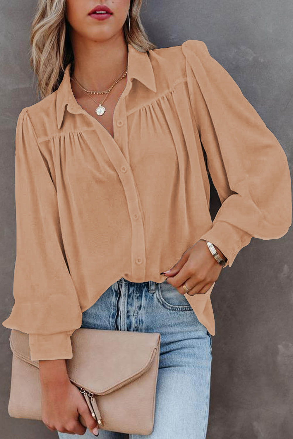 Sky Blue Solid Color Button Up Puff Sleeve Blouse