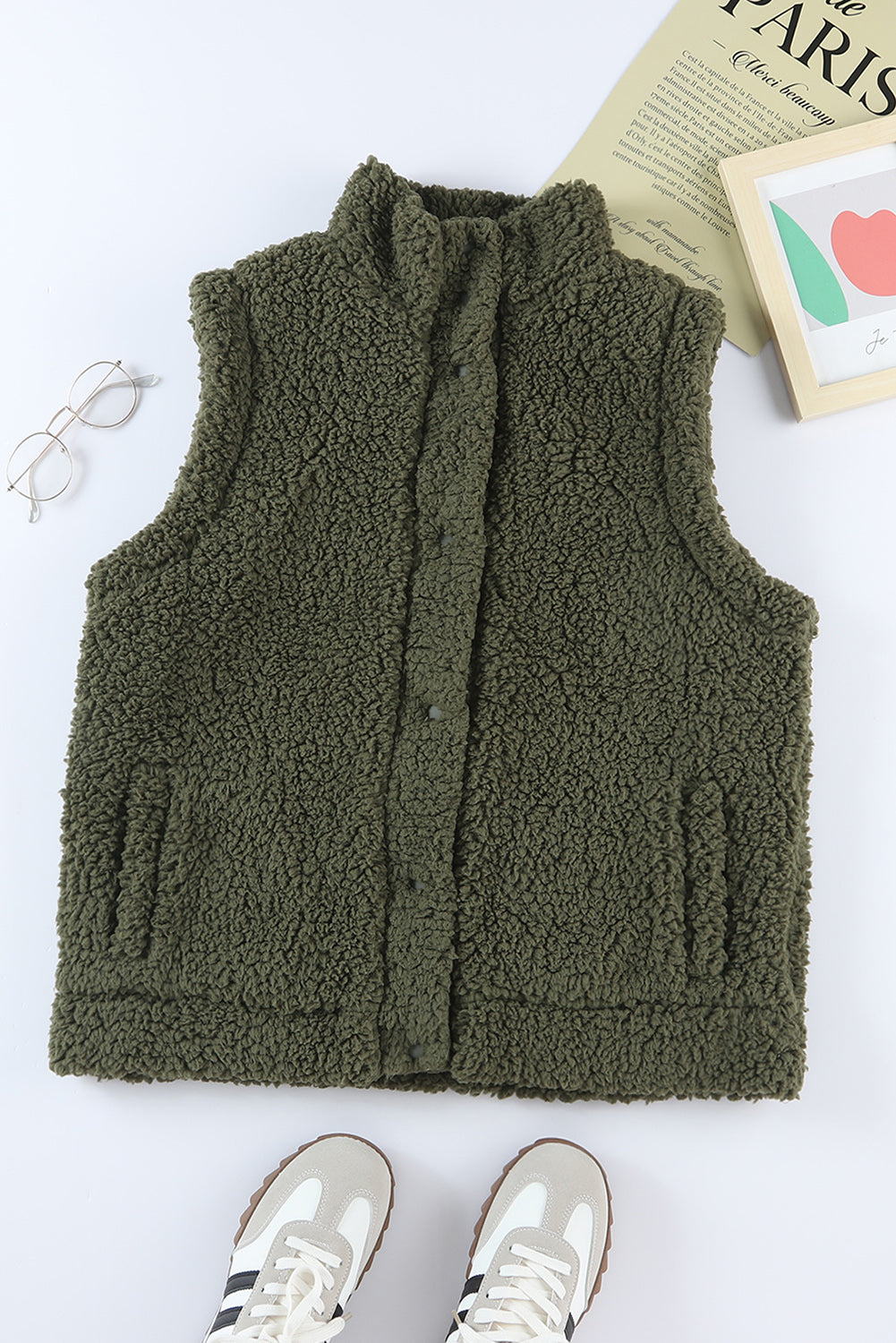 Khaki Snap Button Pocketed Sherpa Vest Jacket