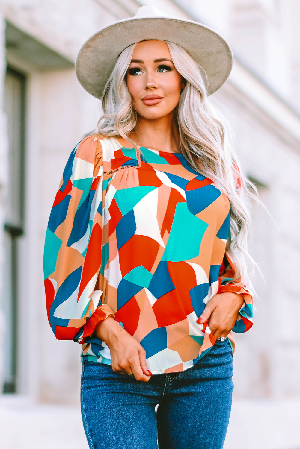 Multicolor Abstract Pattern Crewneck Ruffled Puff Sleeve Blouse