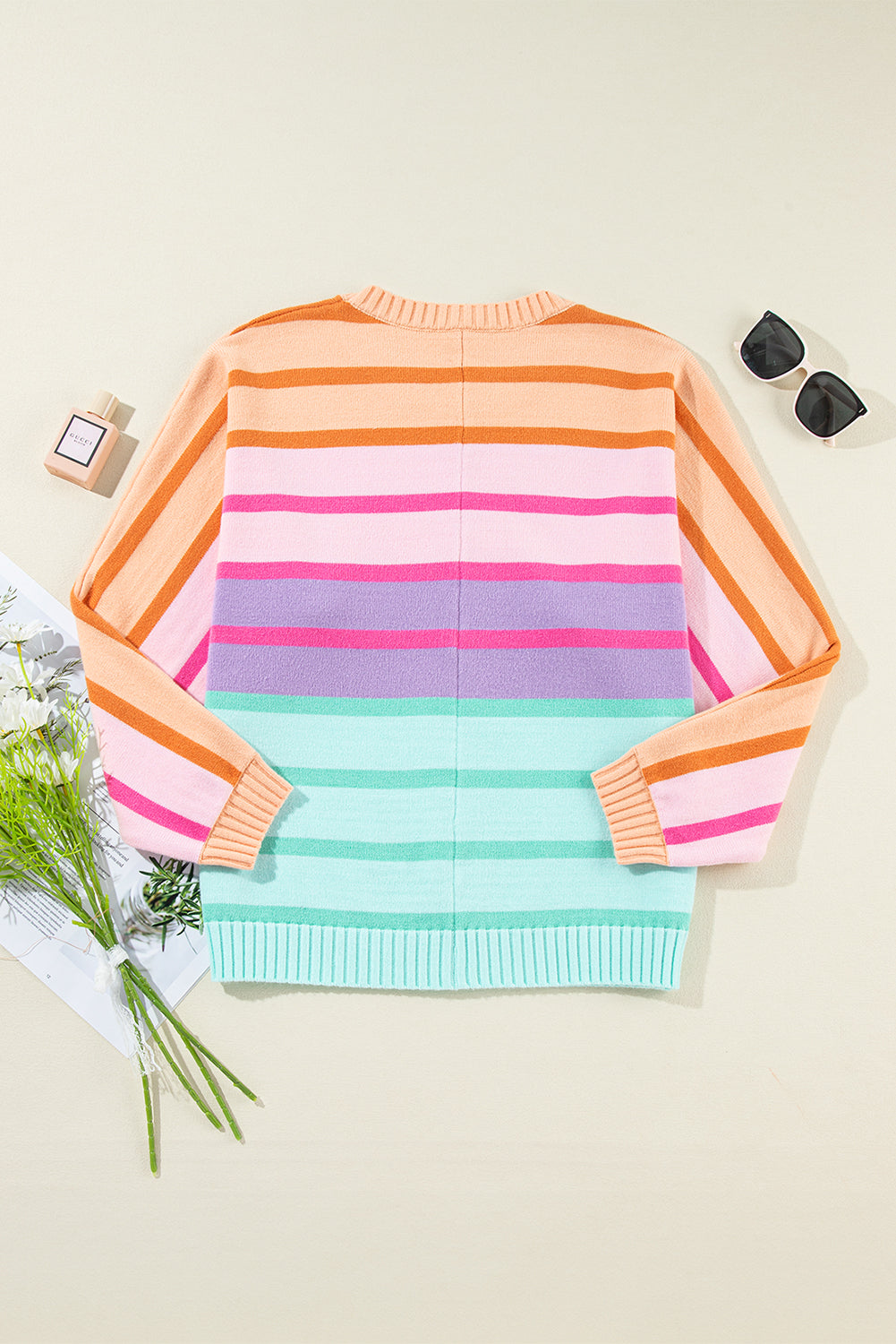 Multicolour Gradient Striped Ribbed Edge Loose Sweater