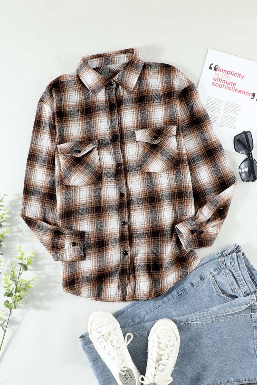 Brown Buttons Pocketed Plaid Shacket