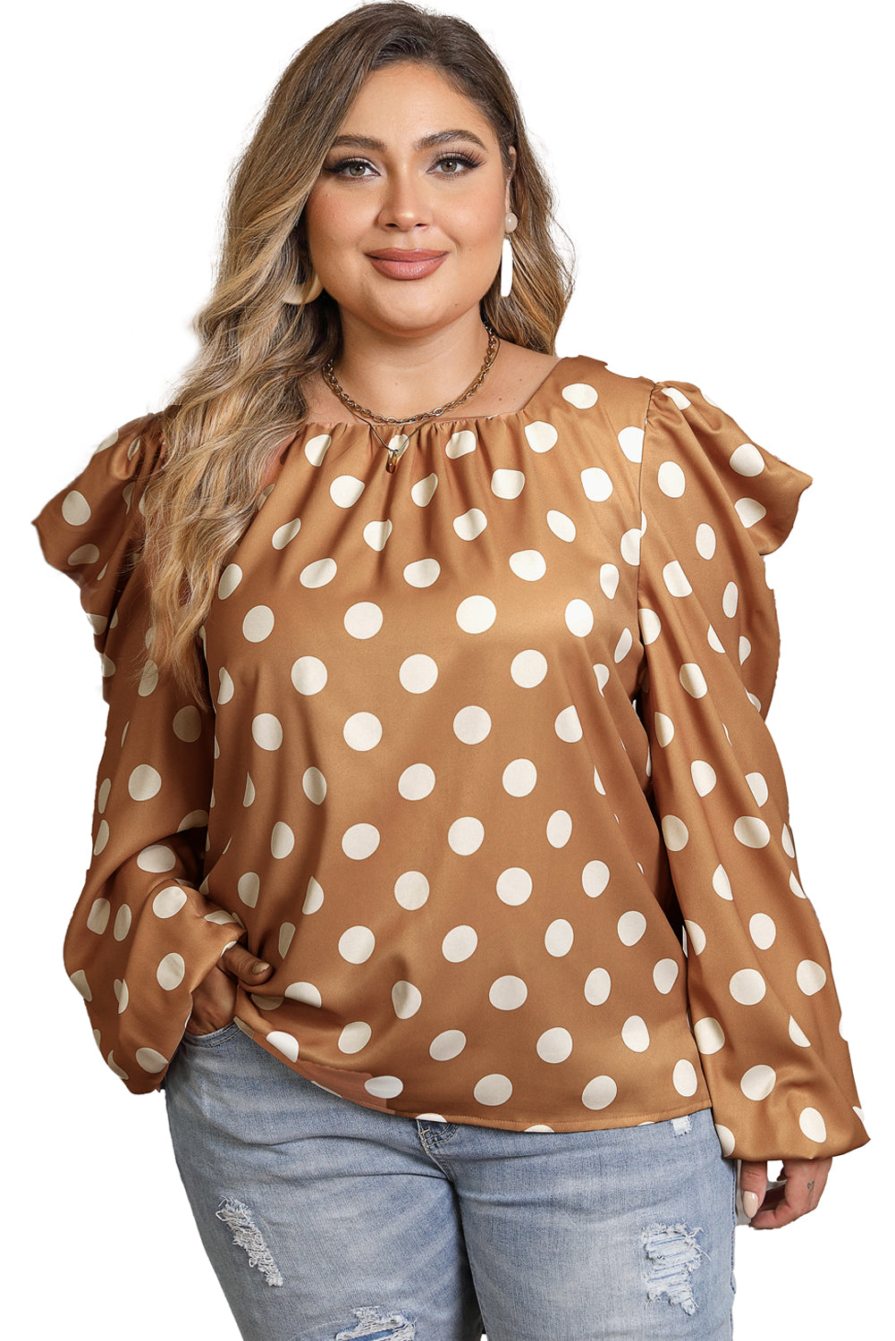 Khaki Plus Size Polka Dot Ruched Neckline Puff Sleeve Blouse