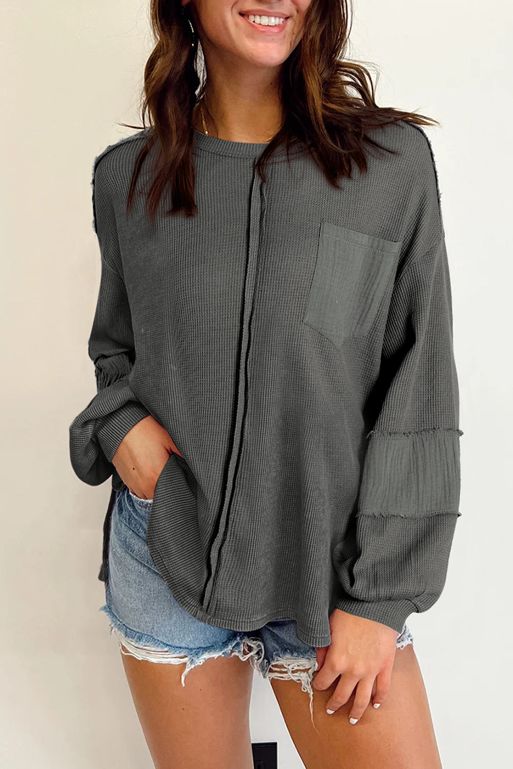 Black Exposed Seam Patchwork Bubble Sleeve Waffle Knit Top