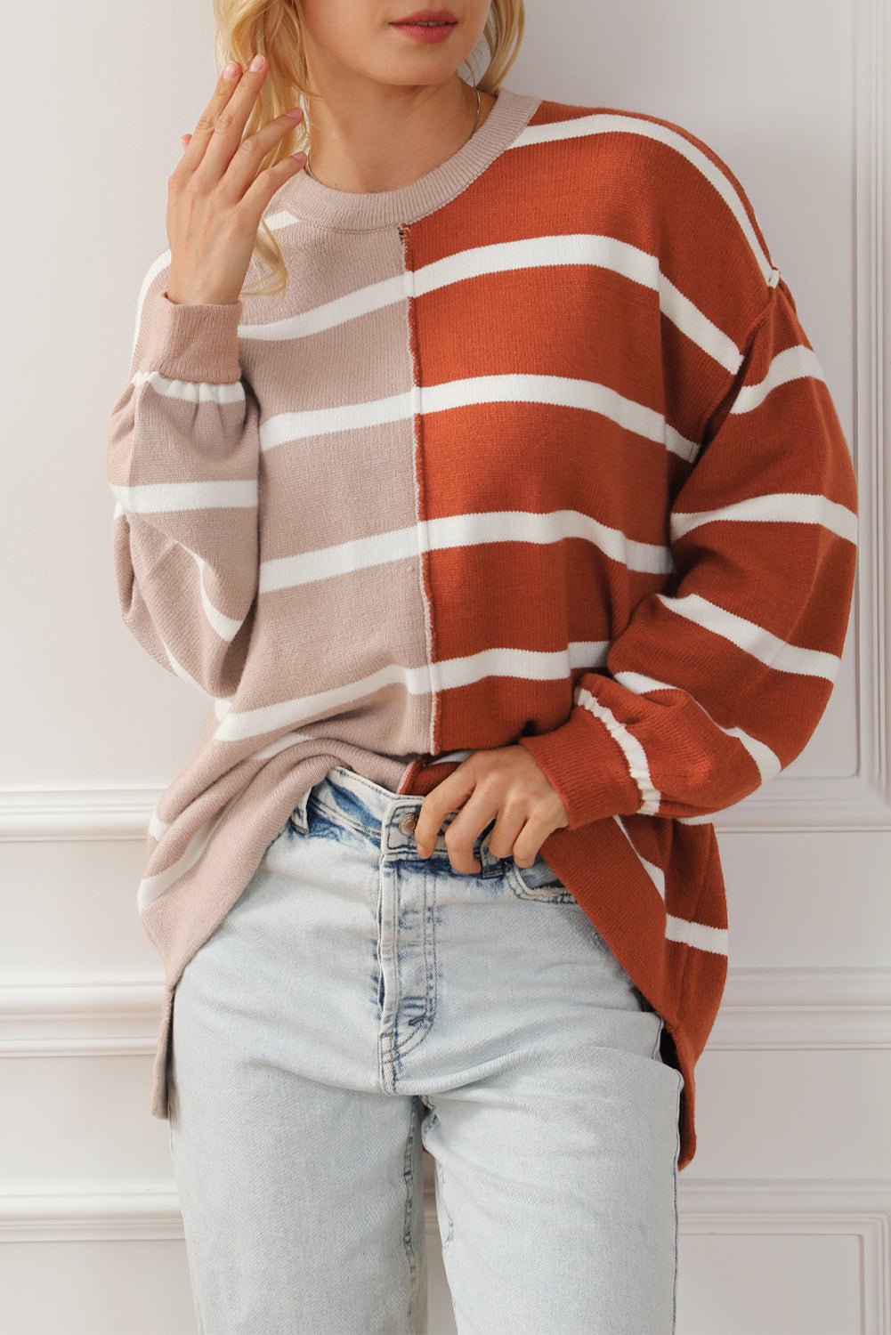 Stripe Oversized Contrast Printed Dropped Shoulder Top