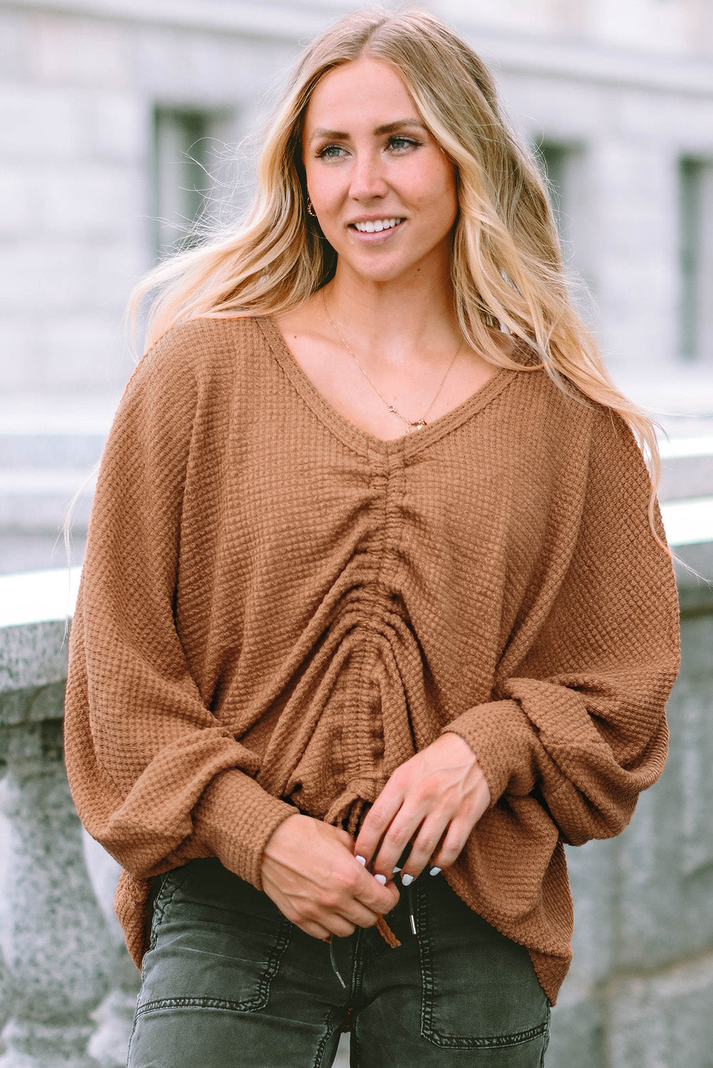 Brown V-Neck Drawstring Dolman Sleeve Waffle Knit Top