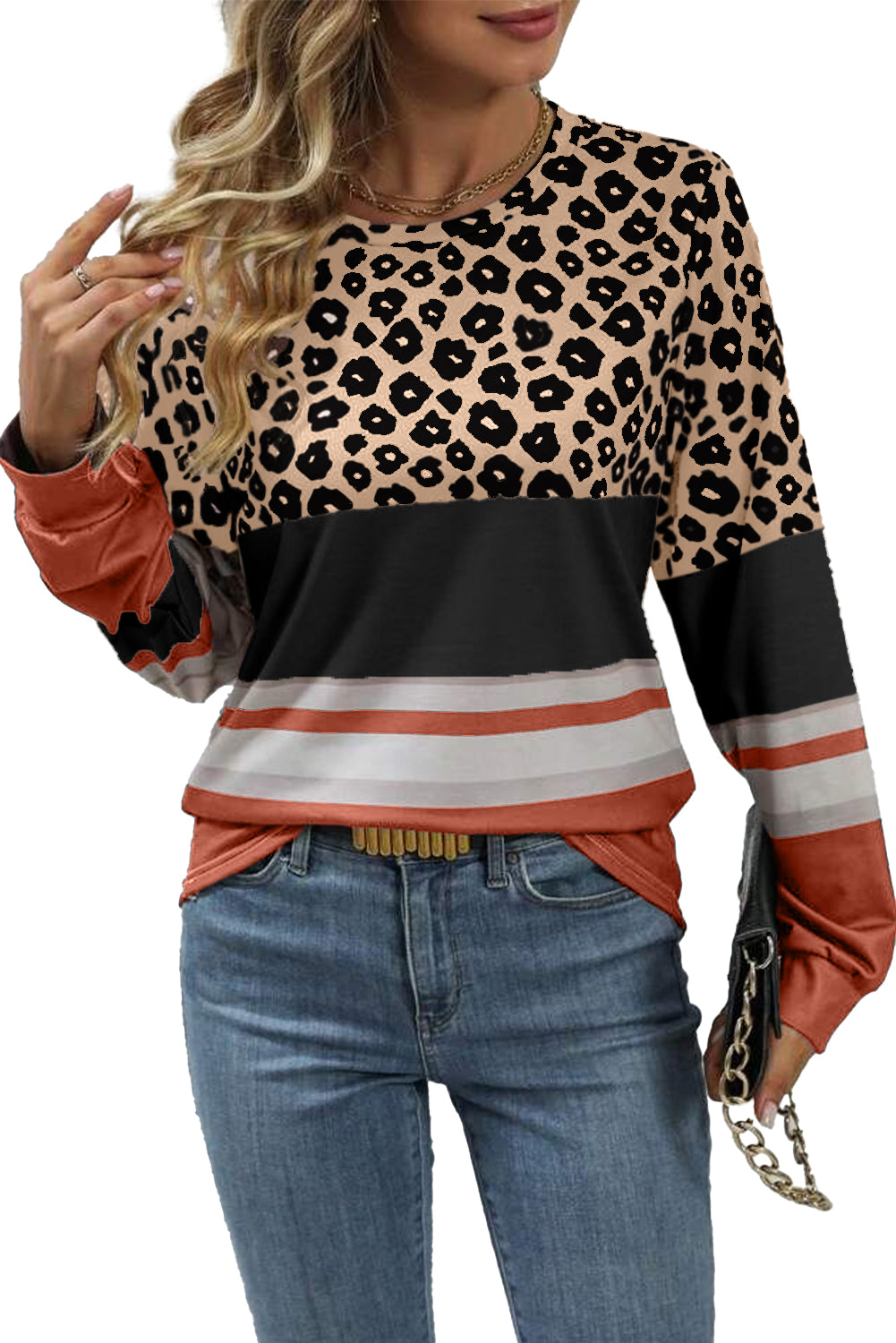 Brown Leopard Color Block Crewneck Long Sleeve Top