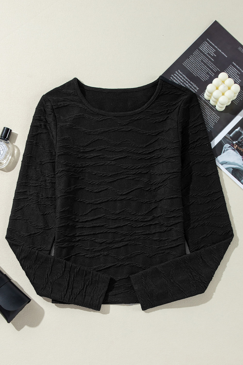 Black Solid Wavy Textured Slim Fit Long Sleeve T Shirt