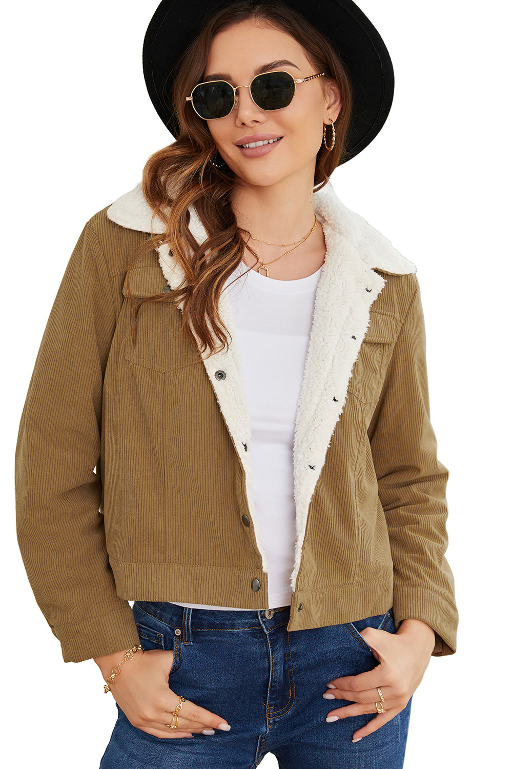 Khaki Corduroy Sherpa Snap Button Flap Jacket