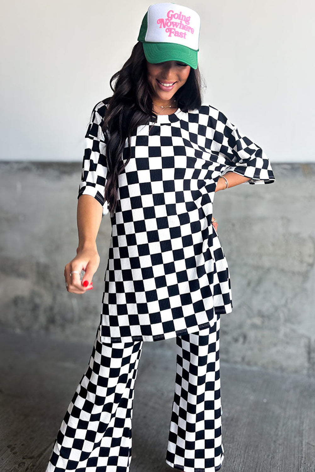 Checkered Tee and Flared Pants Set