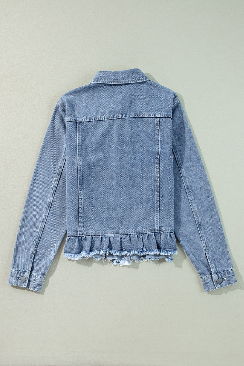 Beau Blue Ruffle Raw Hem Flap Pockets Denim Jacket