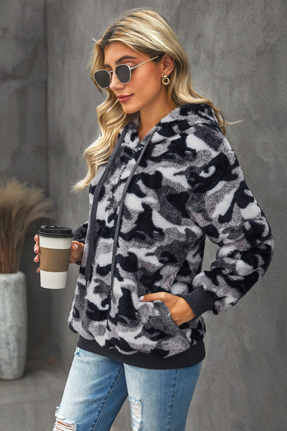 Gray Camo Print Warm Furry Pullover Hoodie