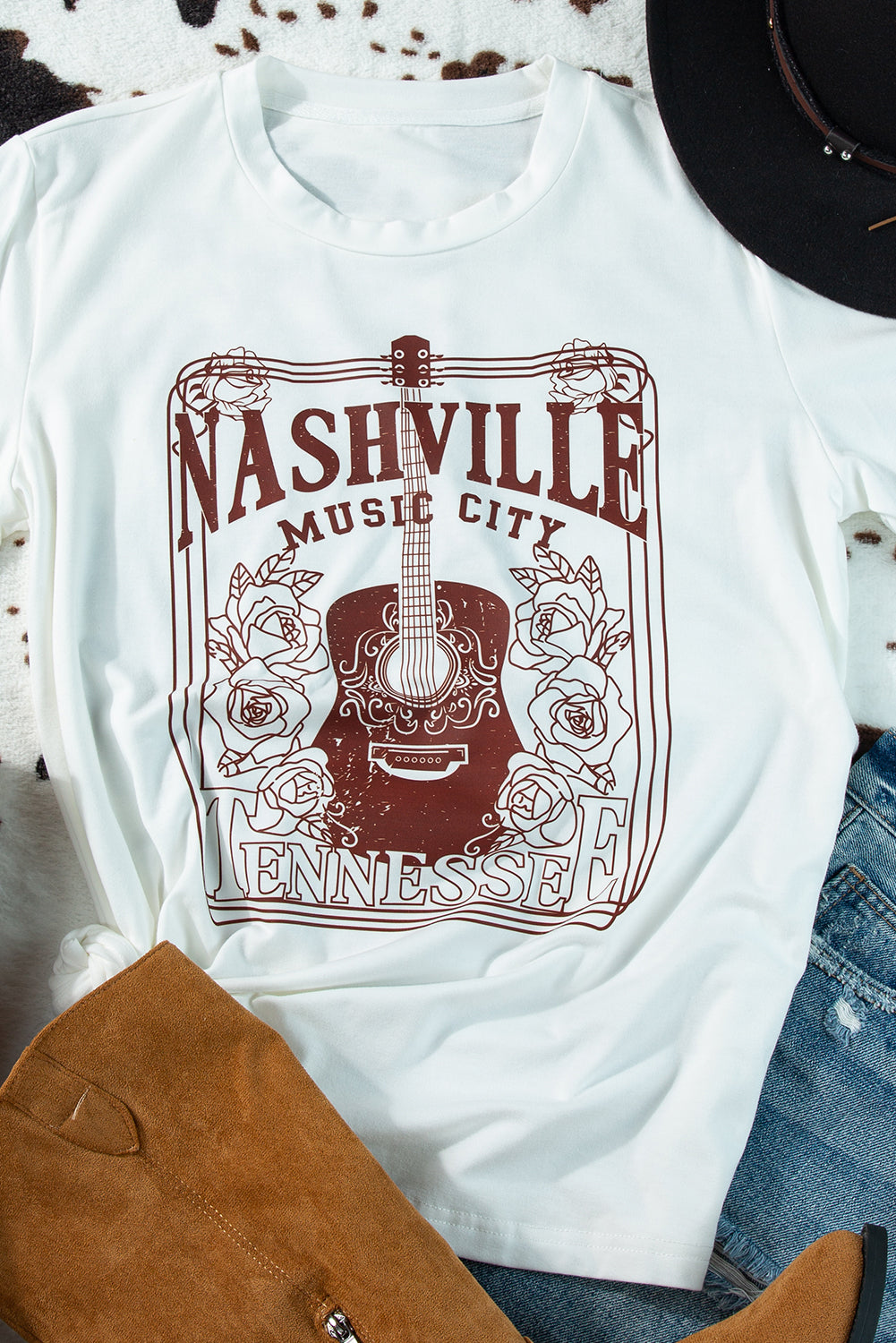 White NASHVILLE MUSIC CITY Graphic Crew Neck Tee