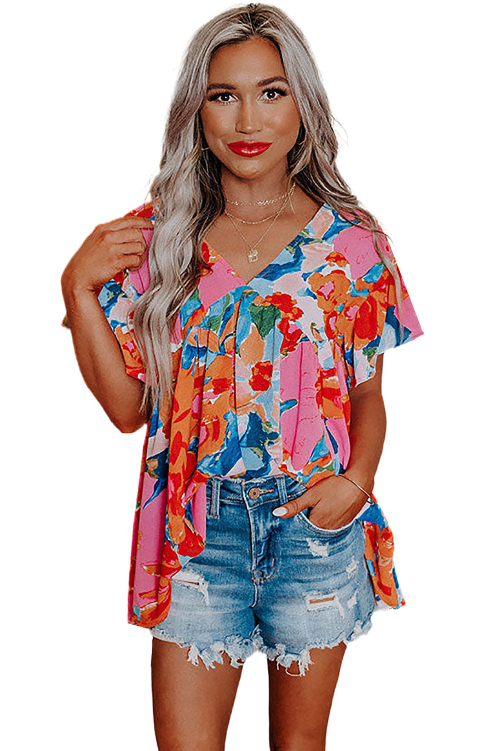 Sky Blue Abstract Print V Neck Flutter Sleeve Blouse