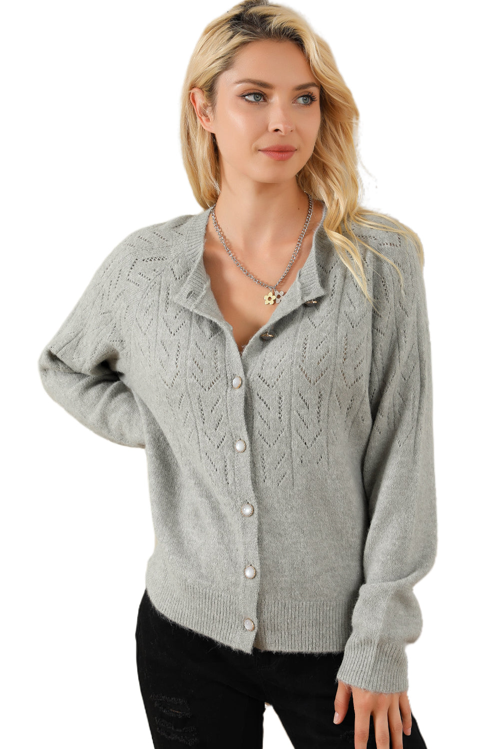 Hollow Out Buttoned Knit Cardigan