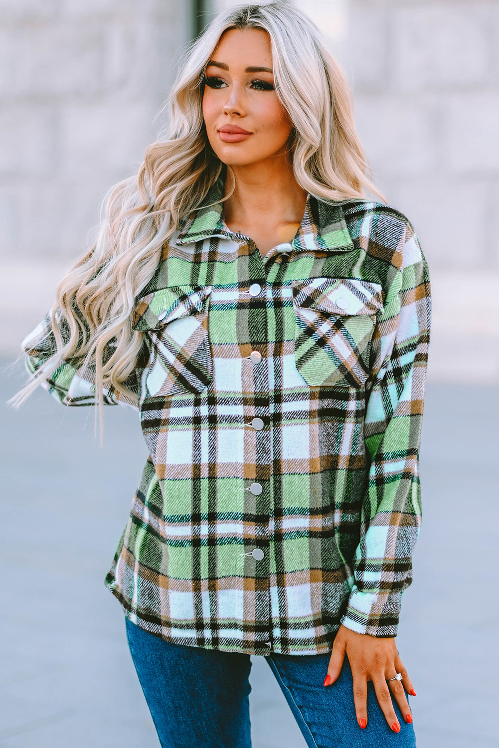 Geometric Plaid Print Pocketed Shacket