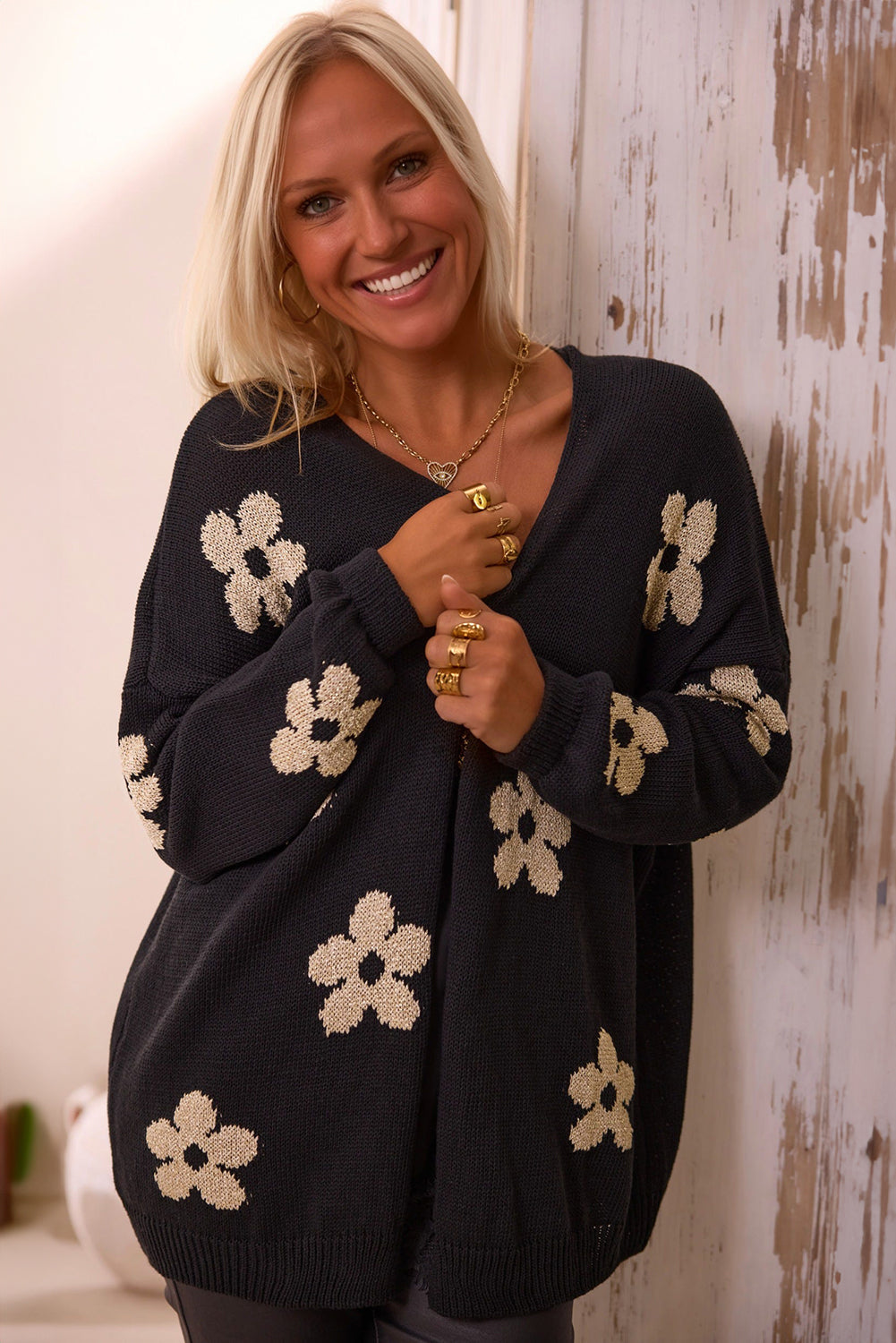 Floral Knitted Open Front Cardigan