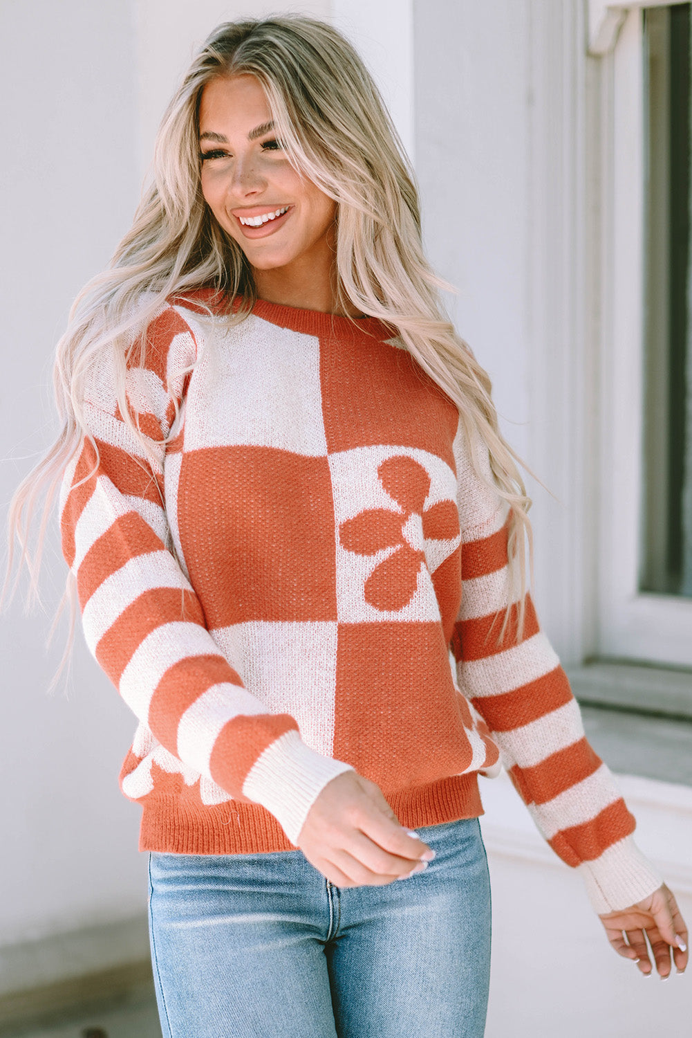 Green Checkered Floral Print Striped Sleeve Sweater
