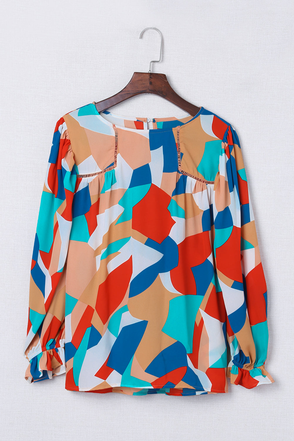 Multicolor Abstract Pattern Crewneck Ruffled Puff Sleeve Blouse