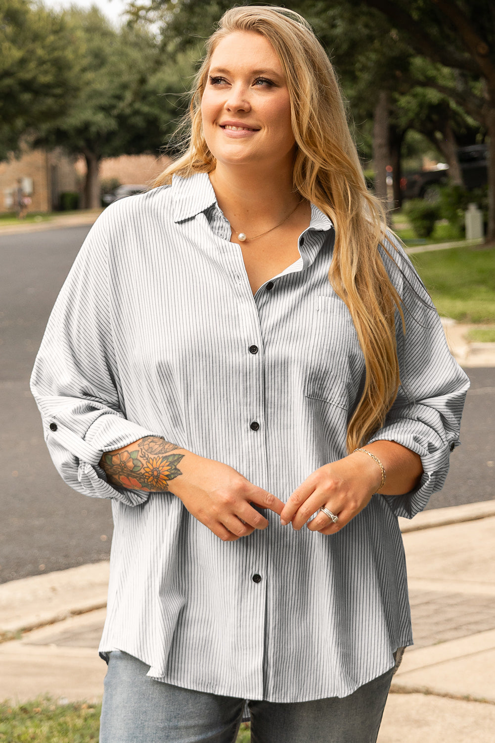 White Stripe Rolled Tab Sleeve Buttoned Plus Size Shirt