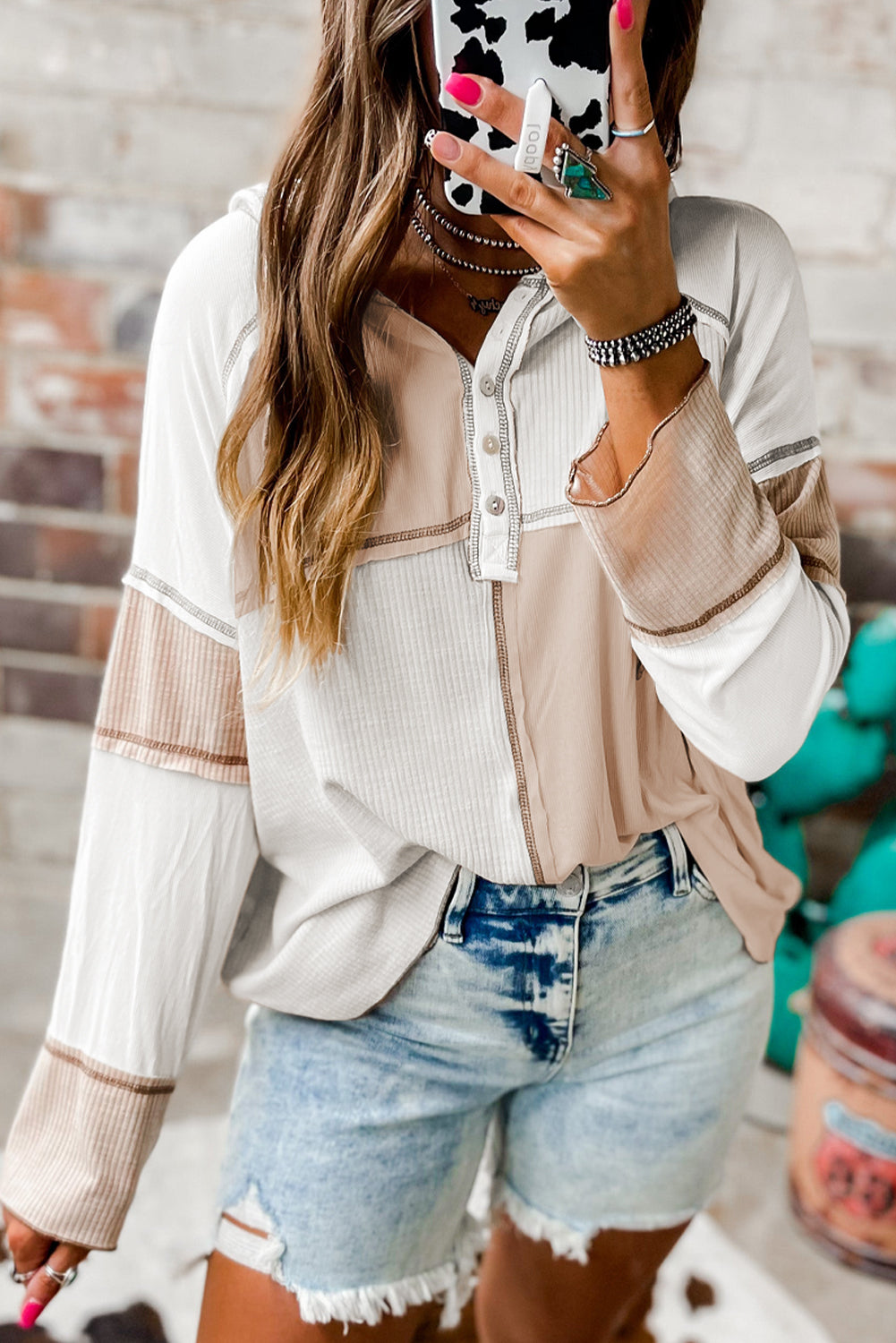 Gray Colorblock Seamed Ribbed Henley Hoodie