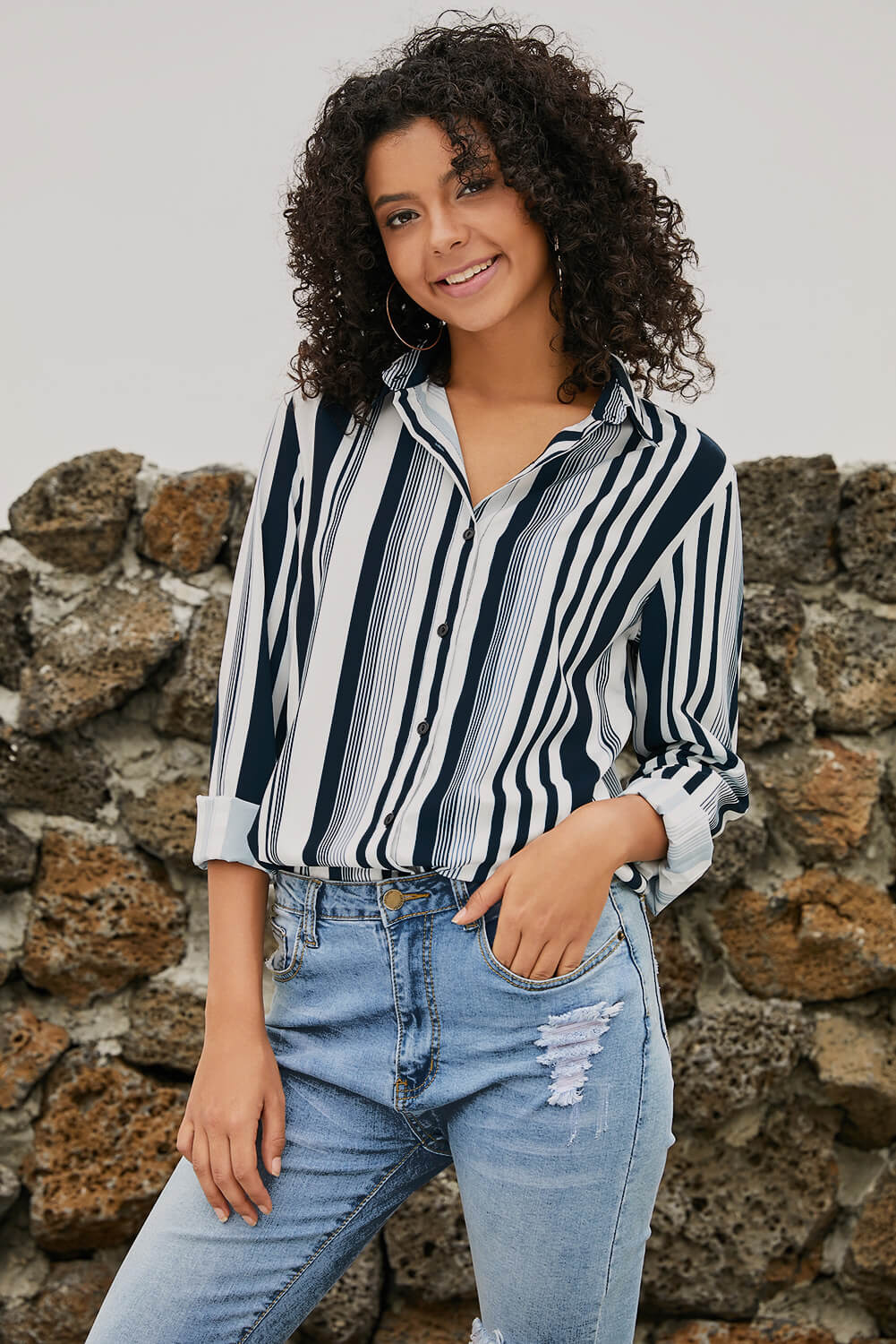 White Navy Striped Modern Women Shirt