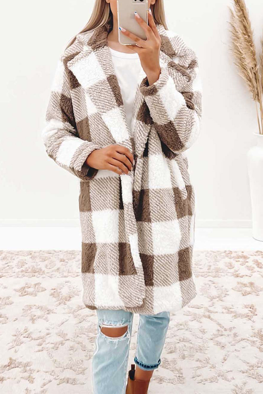 Brown Plaid Lapel Collar Long Open Front Coat