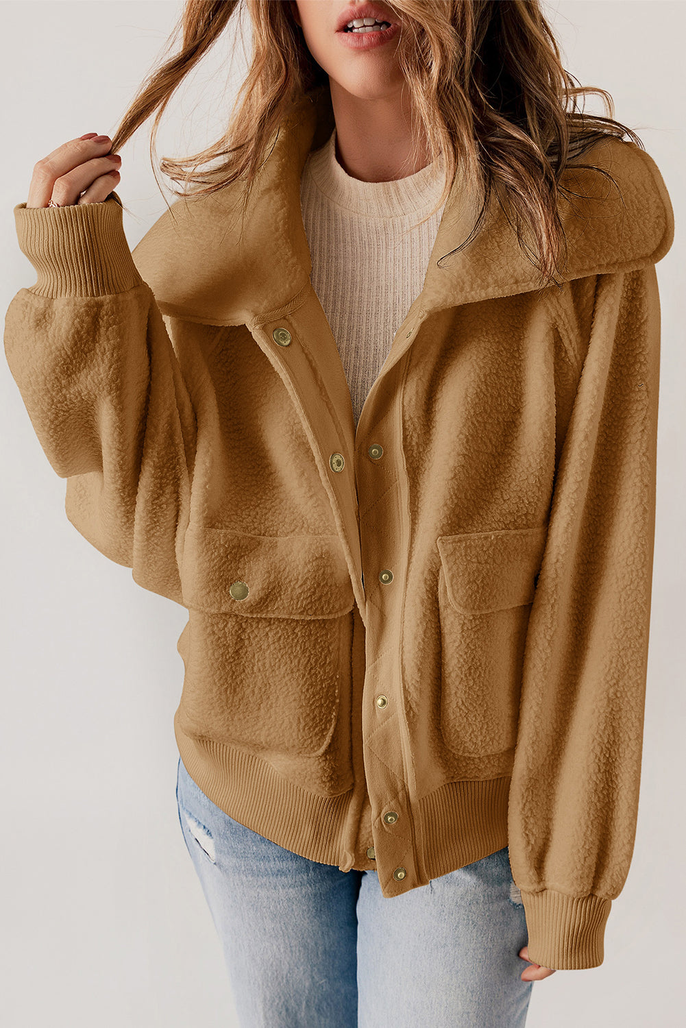 Brown Button Flap Pocket Spread Collar Fleece Jacket