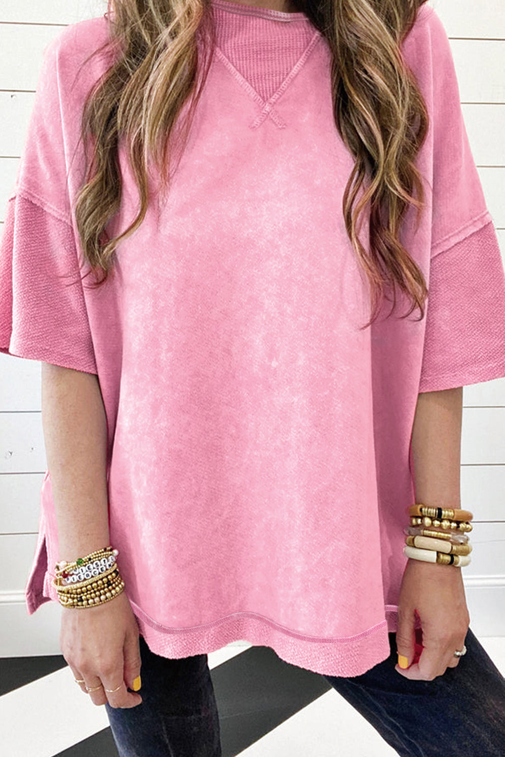 Orchid Petal Mineral Wash Exposed Seam Drop Shoulder Oversized Tee