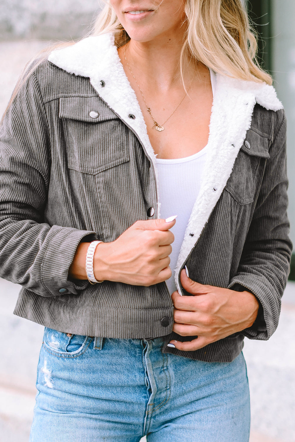 Khaki Corduroy Sherpa Snap Button Flap Jacket