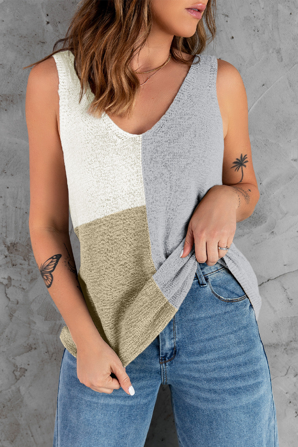 Blue Color Block Knitted Tank Top