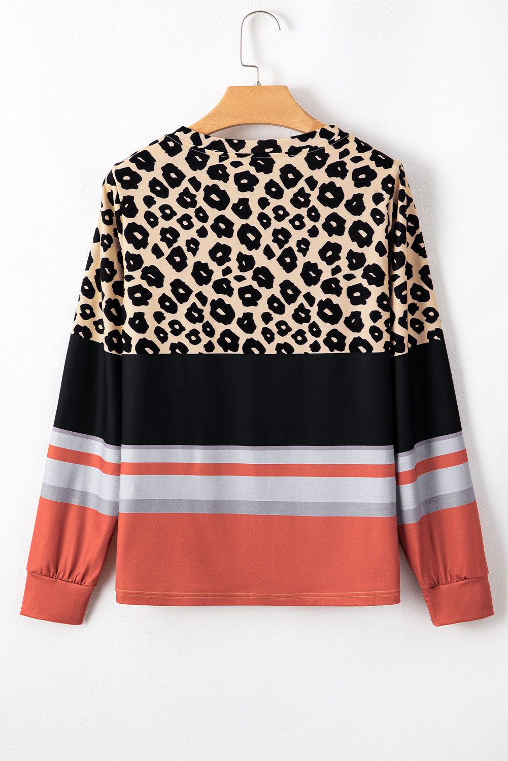 Brown Leopard Color Block Crewneck Long Sleeve Top