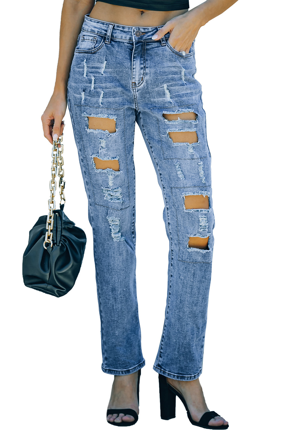 Buttoned Pockets Distressed Jeans