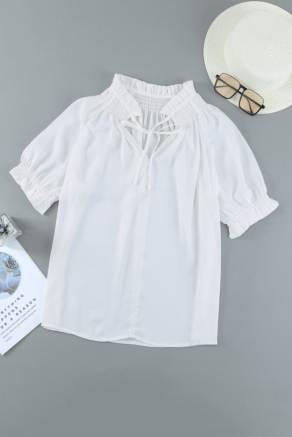 White Split Frill Neck Puff Sleeve Blouse