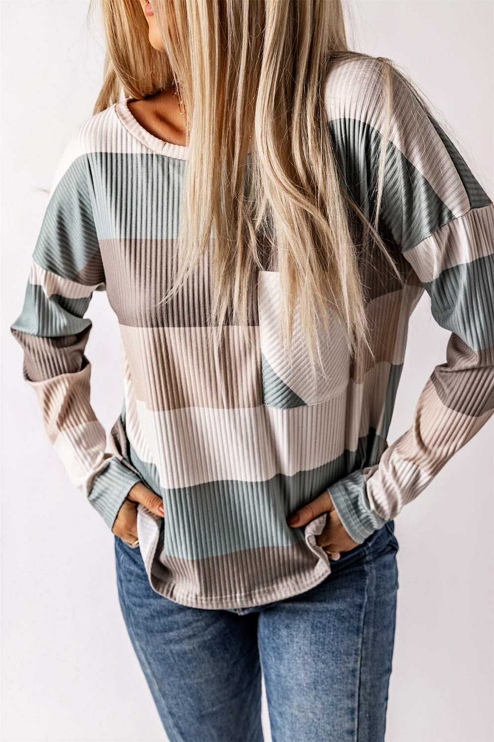 Green Color Block Ribbed Long Sleeve Top with Pocket