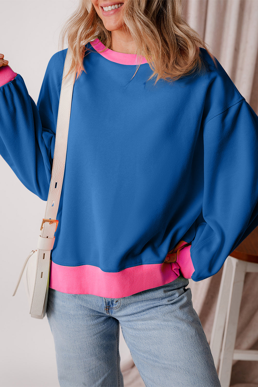 Pink Colorblock Bubble Sleeve Sweatshirt