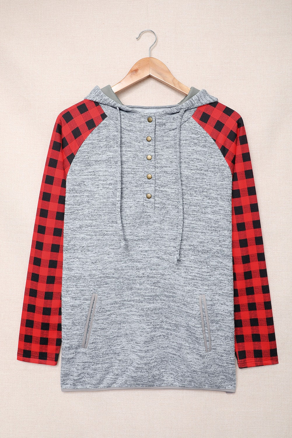 Red Plaid Splicing Kangaroo Pocket Buttoned Hoodie