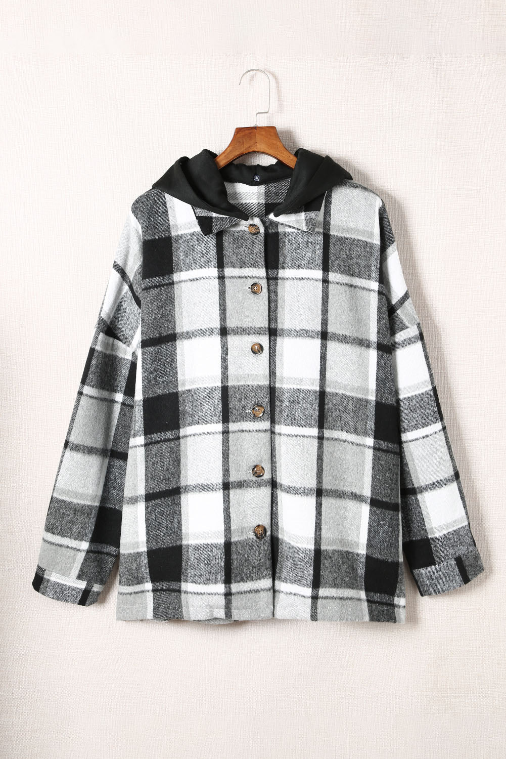 Green Hooded Plaid Button Front Shacket