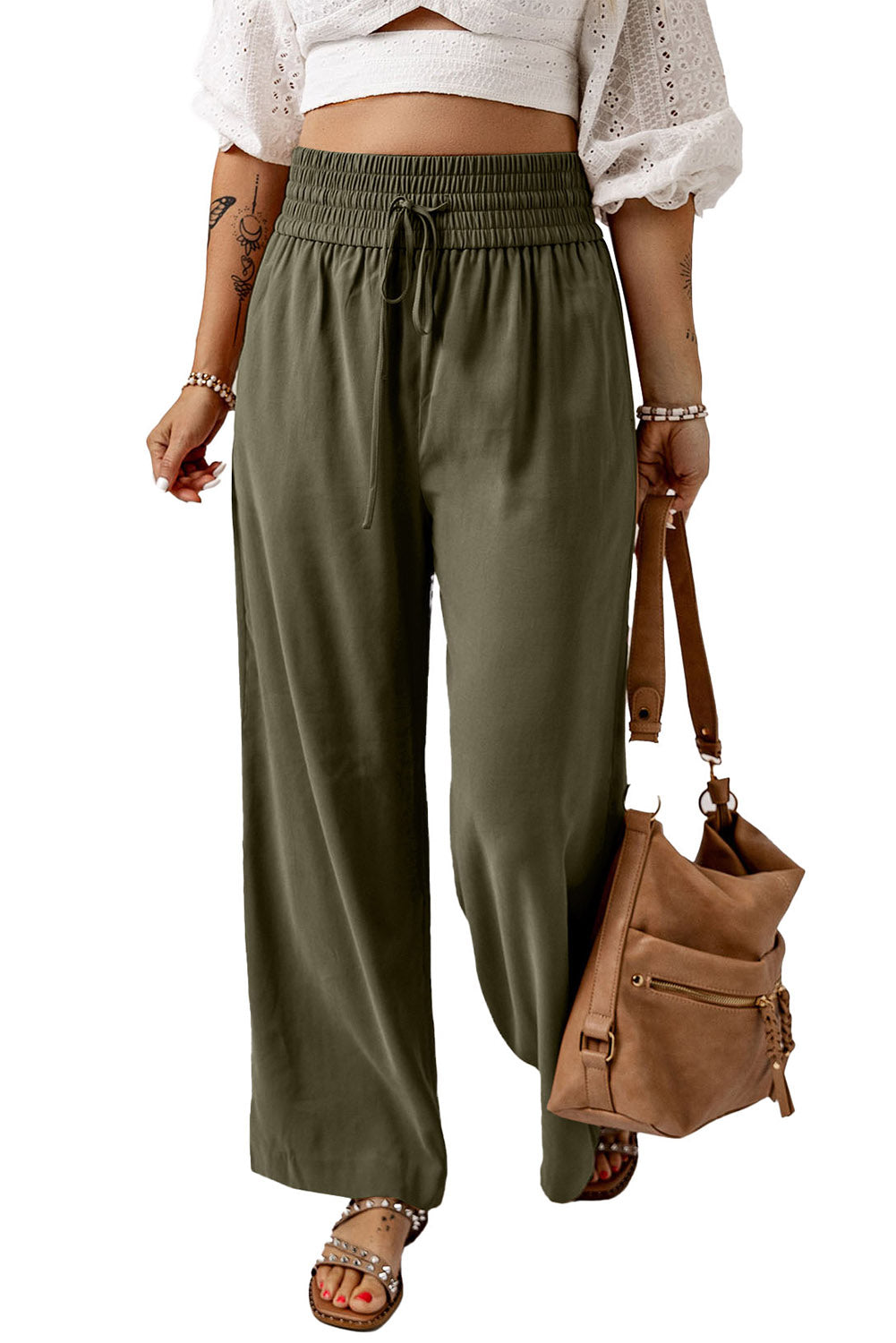 Green Brown Drawstring Elastic Waist Casual Wide Leg Pants