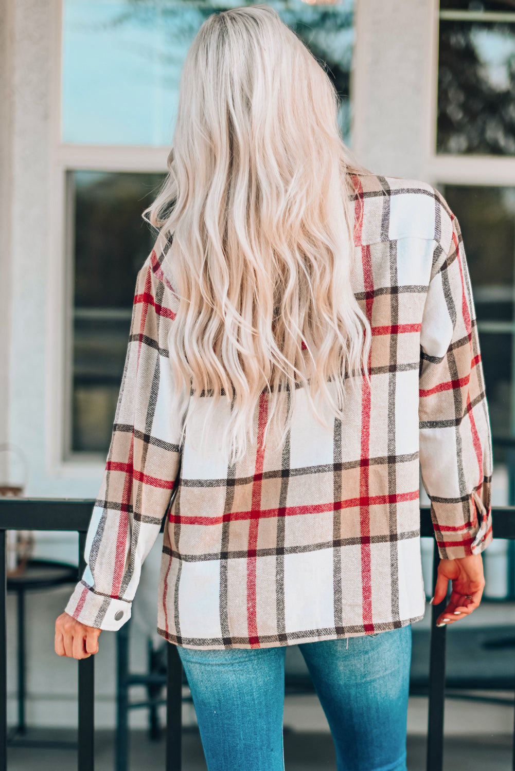 Khaki Plaid Print Buttoned Shirt Coat with Pocket