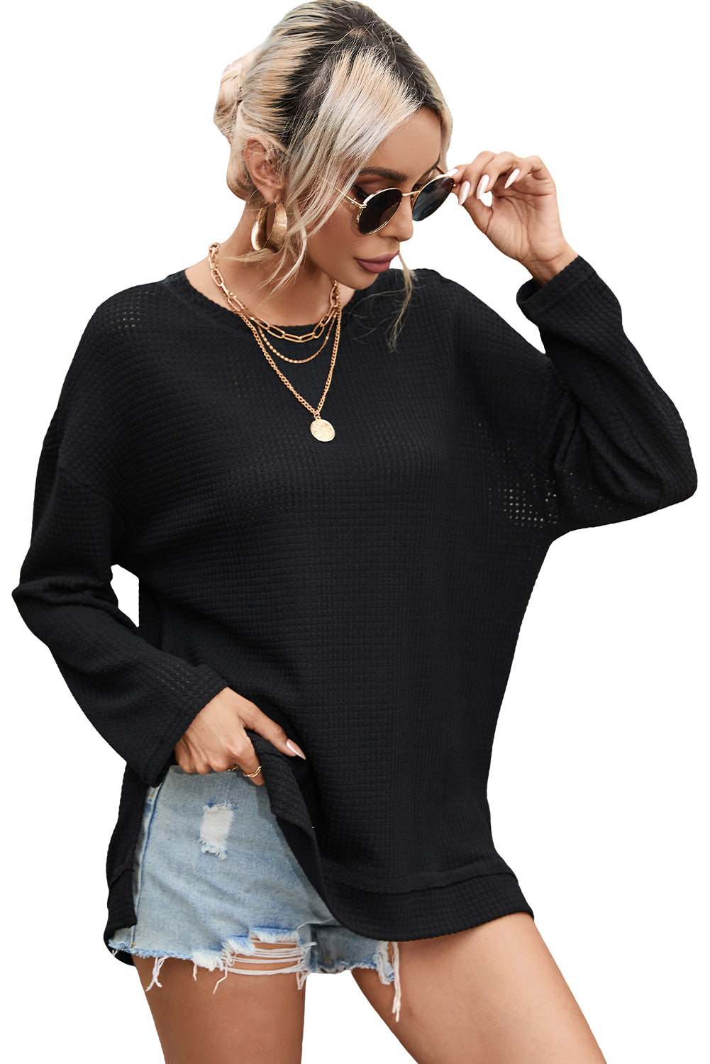 Black Waffle Knit High Slits Oversized Top