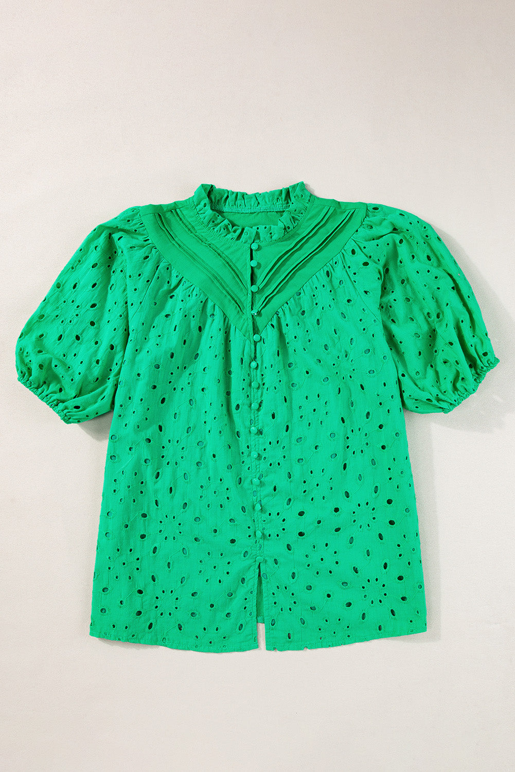 Green Flower Embroidered Hollow-out Puff Sleeve Blouse