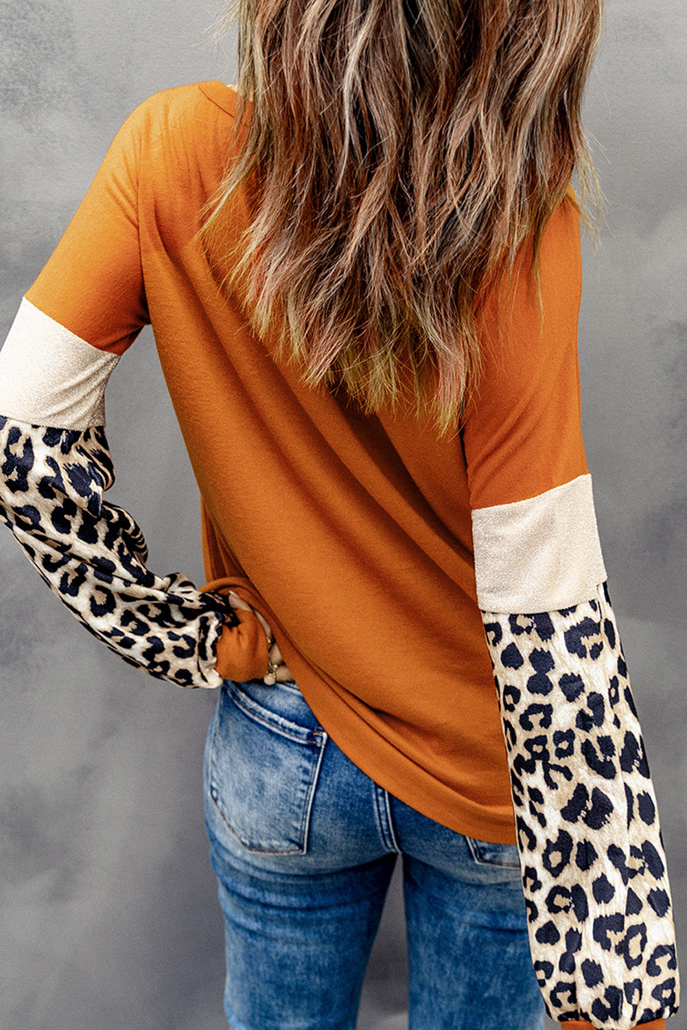 Brown Leopard Sequin Patchwork Long Sleeve Top