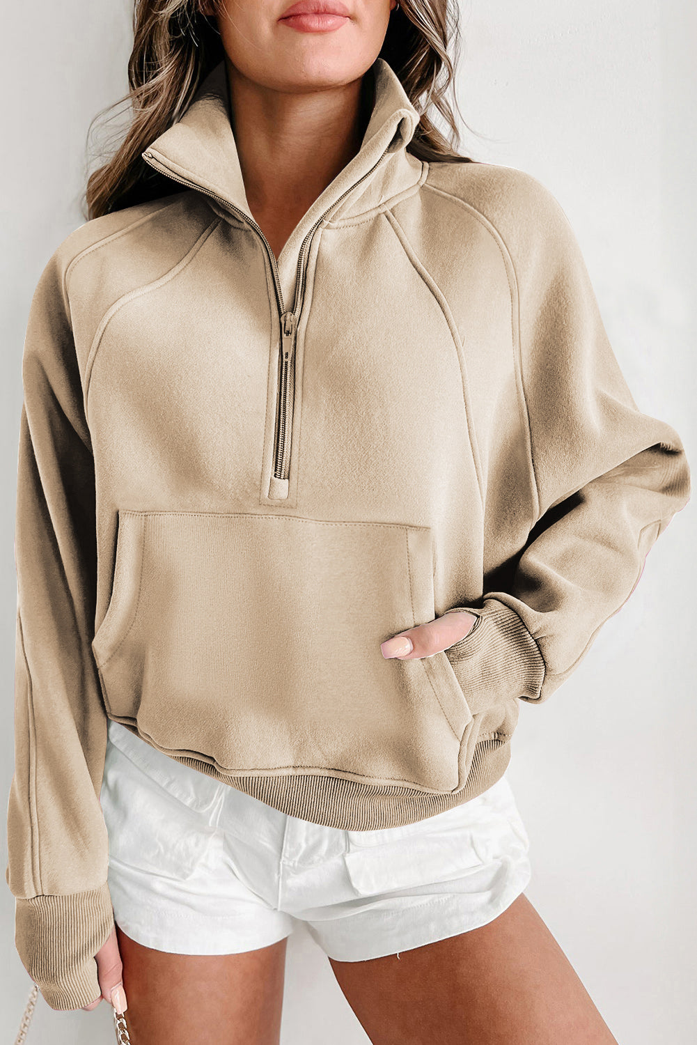 Bonbon Fleece Lined Zip Up Stand Collar Thumbhole Sleeve Sweatshirt