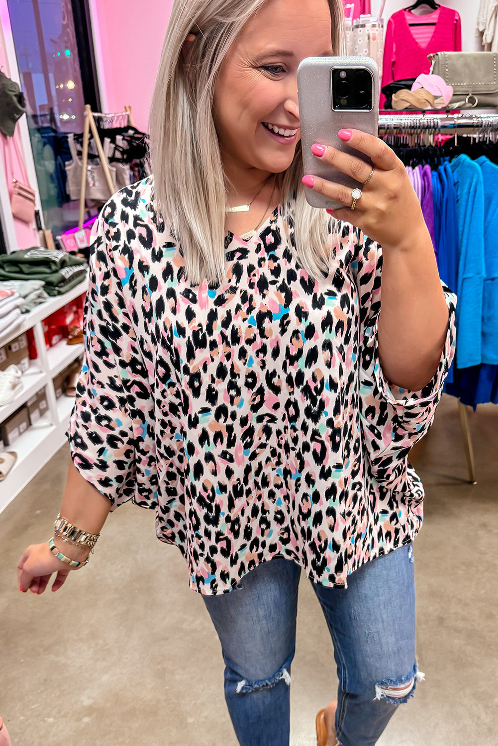 Plus Size Leopard V Neck Batwing Sleeve Top