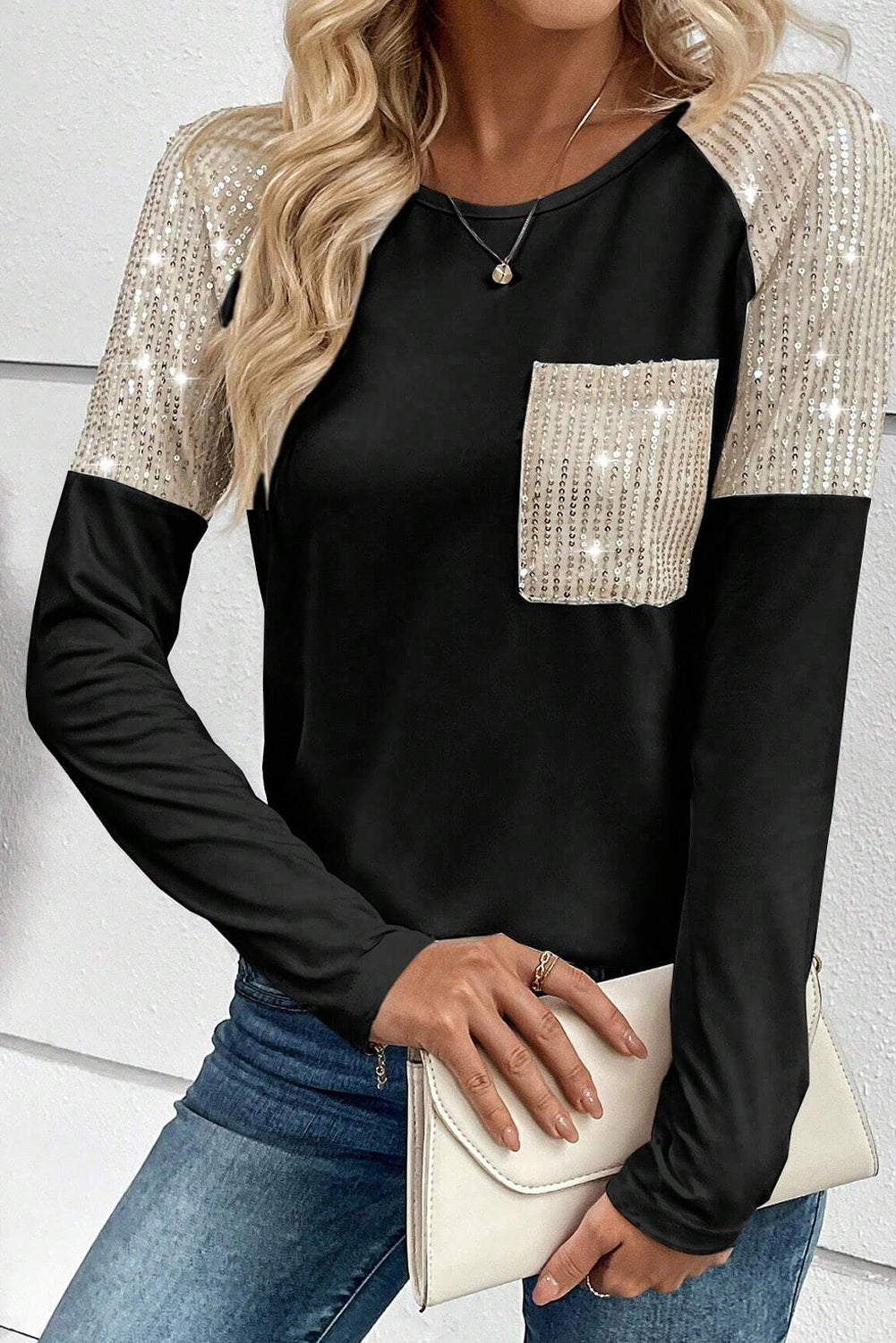 Black Sequin Patch Chest Pocket Raglan Sleeve Top