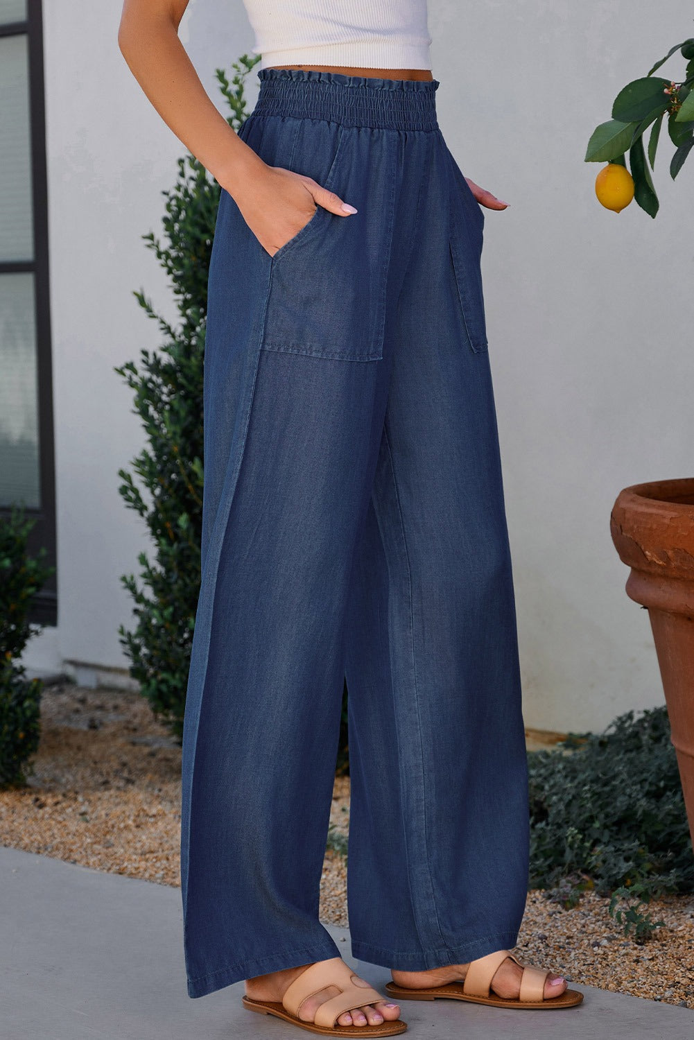 High Waist Pockets Frilled Smocked Wide Leg Jeans