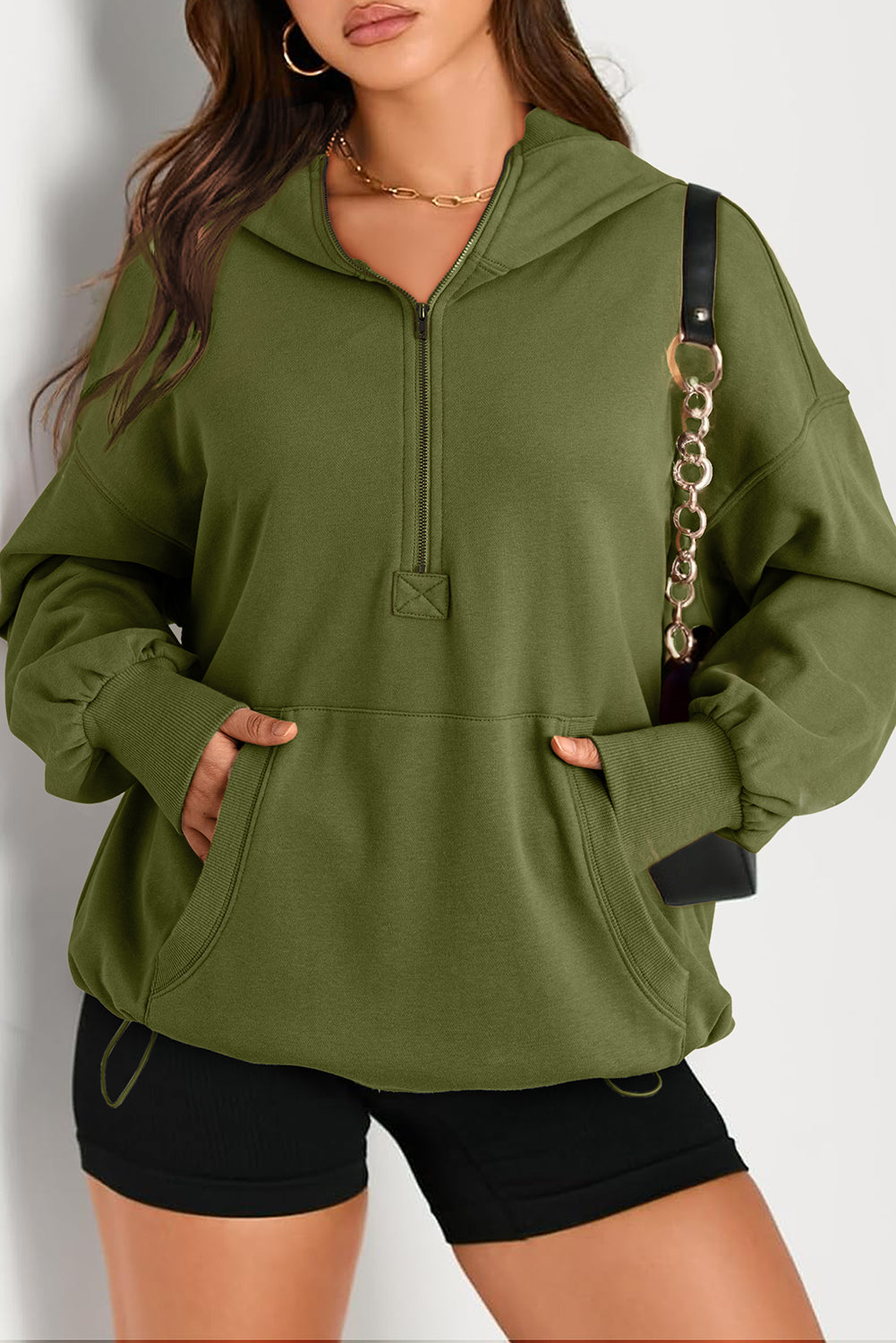 Smoke Green Solid Kangaroo Pocket Half Zipper Oversized Hoodie