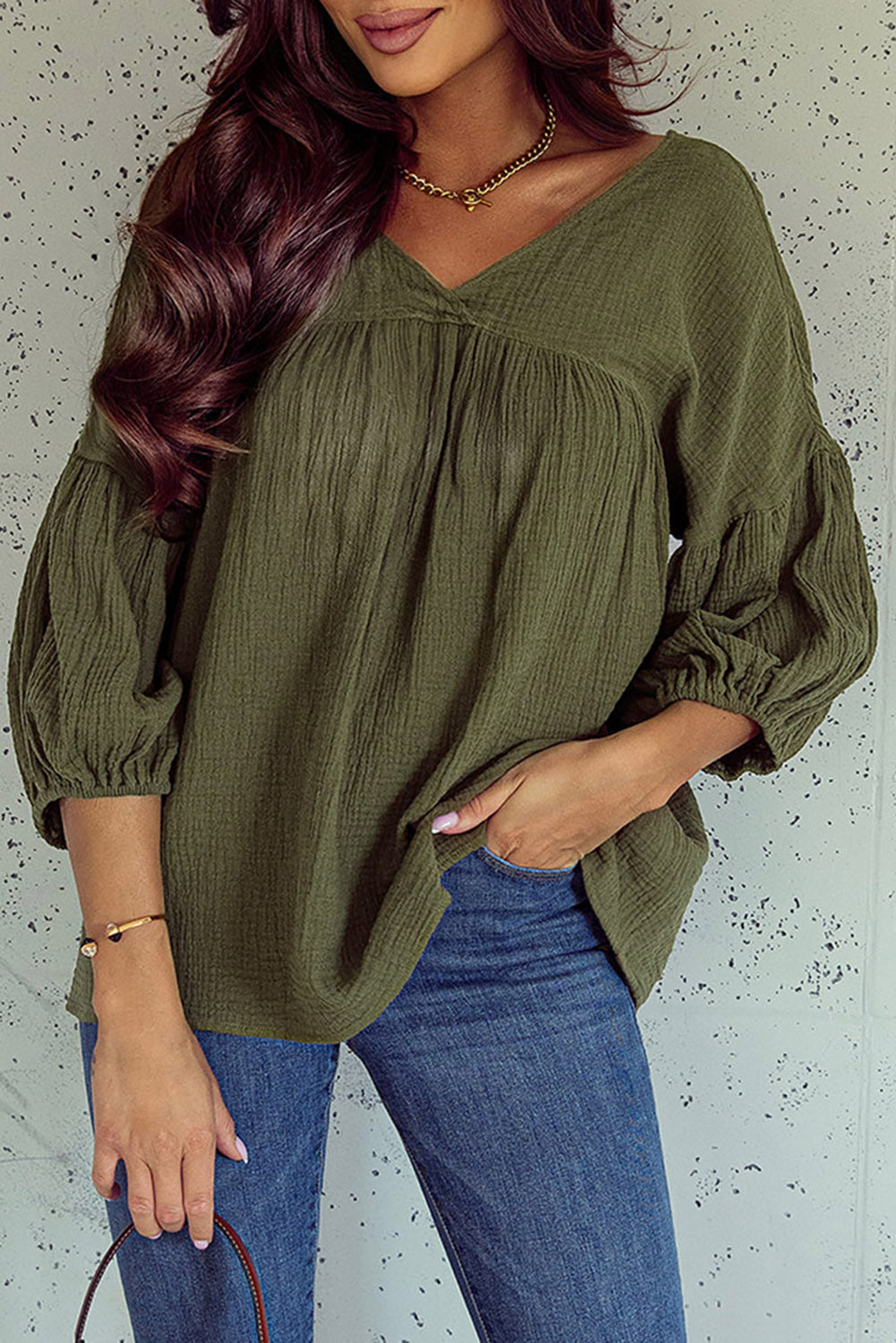 Green Textured V Neck Bracelet Sleeve Babydoll Blouse