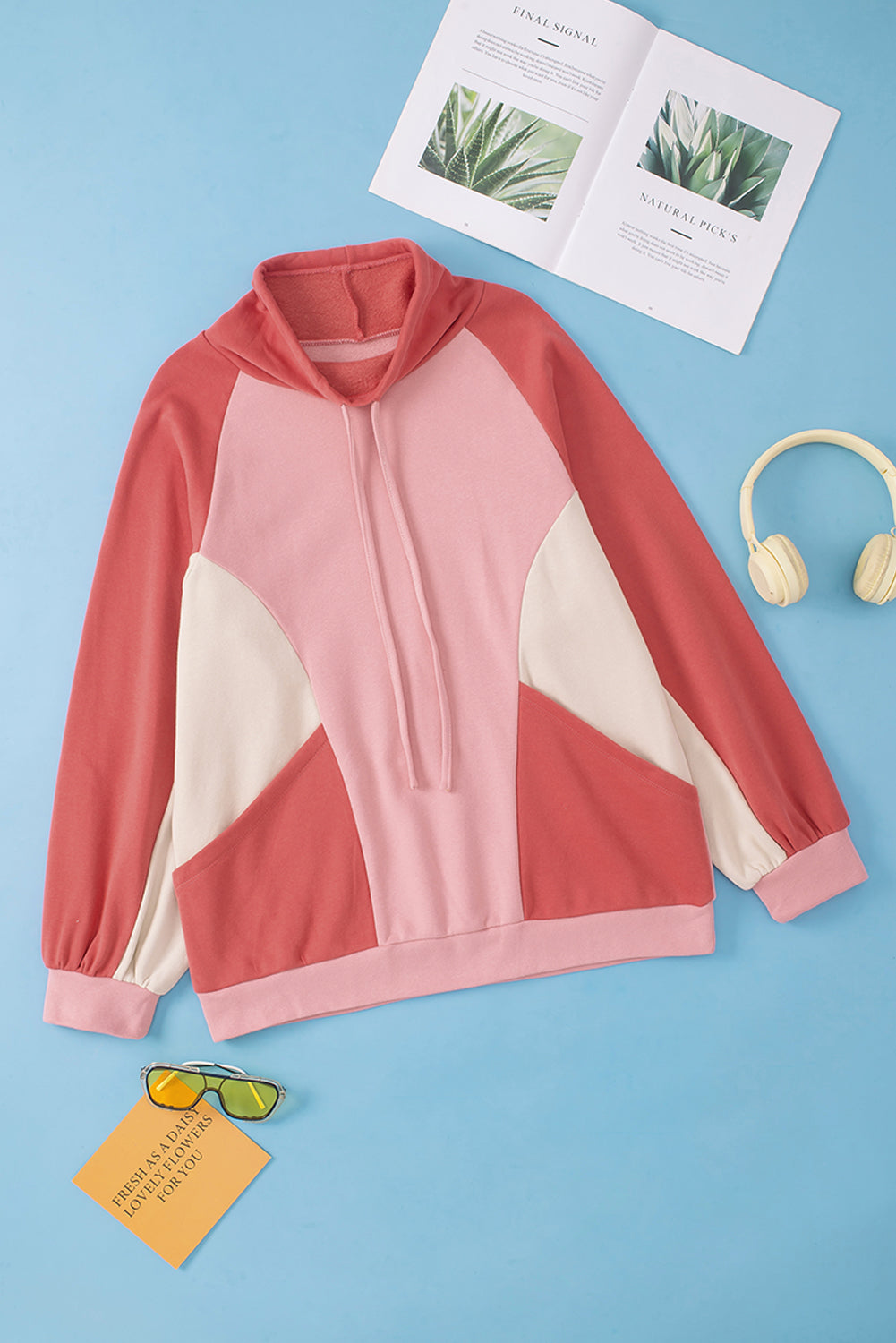 Pink Drawstring Pullover Pocketed Colorblock Sweatshirt